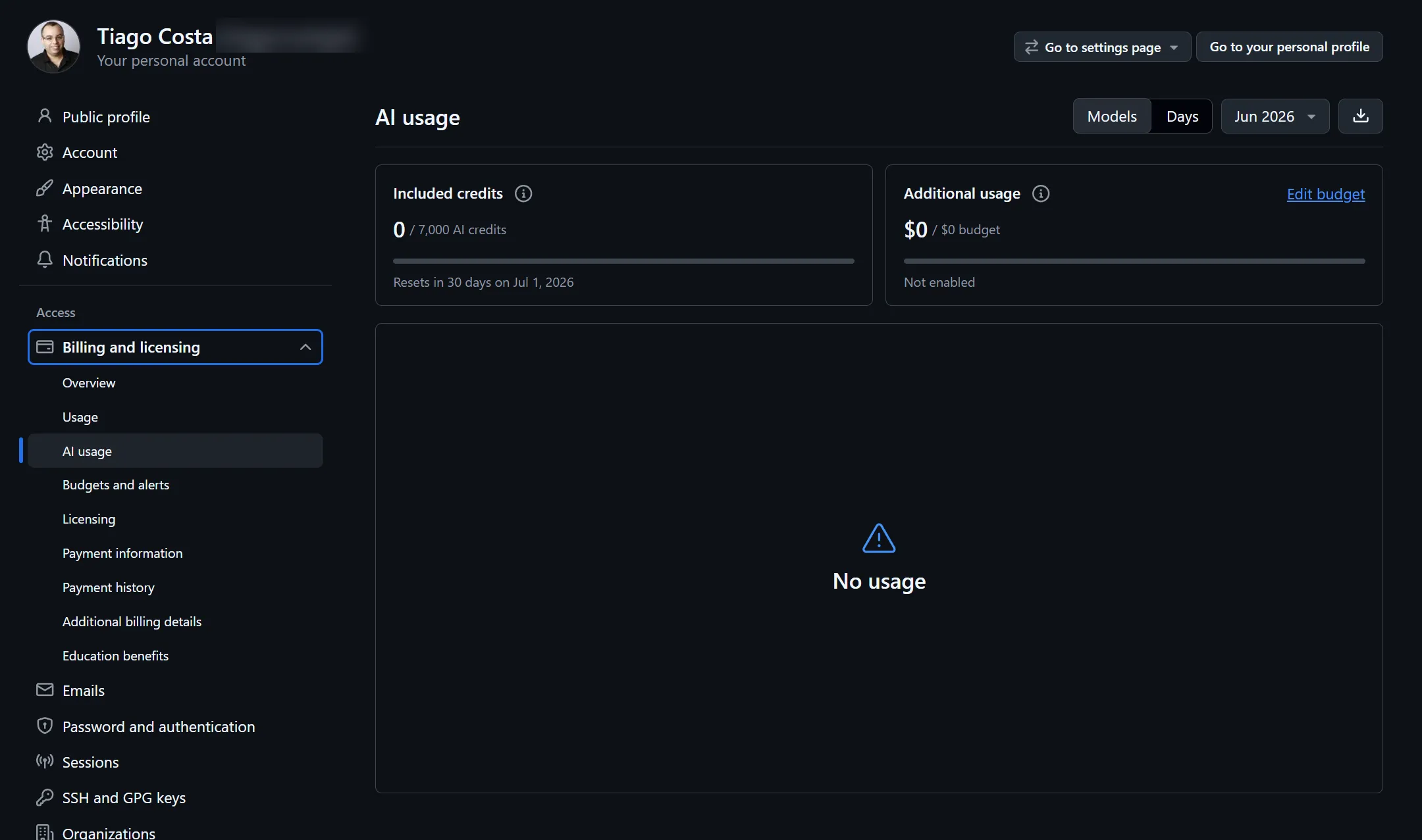 New Billing window with AI Credits.